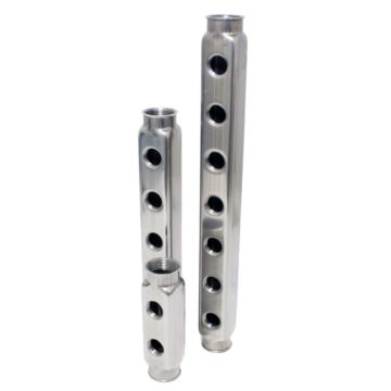 distribution manifold 1" - 2 female outlets 1/2, stainless steel, centre distance: 50mm, +100ºC