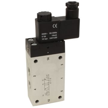 5/2-Way Solenoid Valve 1/4", 230V 50Hz, 3-10bar, w. manual override, Alu/NBR