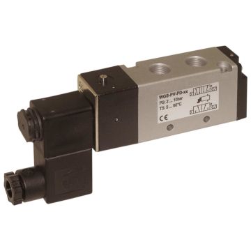 5/2-Way Solenoid Valve 1/4", 24V 50/60Hz, 6bar, w. manual override, Alu/NBR