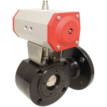 3-Wege-Kompakt-Kugelhahn, PN16, Antrieb ED L-Bohrung, Stahl/PTFE-FKM-NBR, pneum., doppeltw.