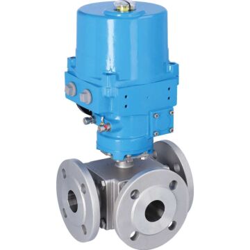 3-Wege-Kugelhahn, PN16, Antrieb NE, Edel./PTFE-FKM L-Bohrung, Flansch, elektrisch betätigt
