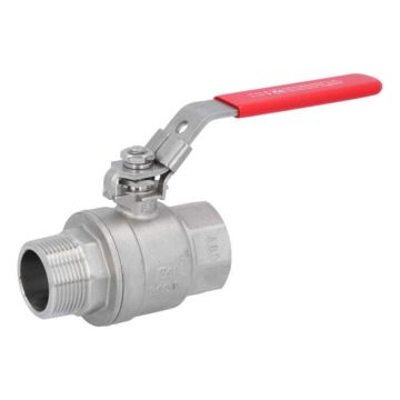 Ball valve 11/4", PN40, 1.4408/PTFE, two piece design, female/male, full bore