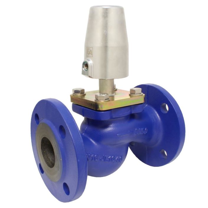 Pressure actuated valve, DN15, SK63-brass, Cast iron / PTFE, PN16, to rest against Medium