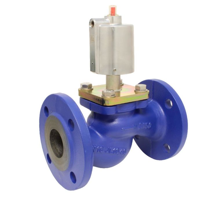 Pressure actuated valve, DN40, SK63-brass, OS, Cast iron / PTFE, PN16, Normally open against Medi