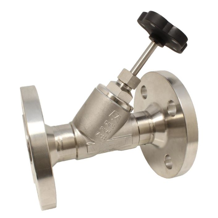 Angle seat valve DN15, with flanges PN40, Stainless steel 1.4408/PTFE, face to face EN558-1