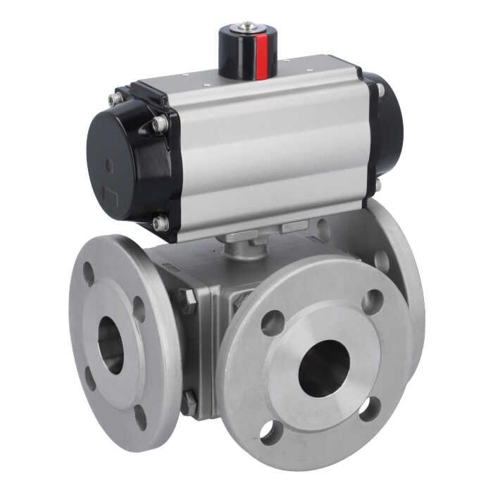Ball valve MD, DN40, with actuator OD, DA75, Stainless steel/PTFE-FKM, L-bore, double acting