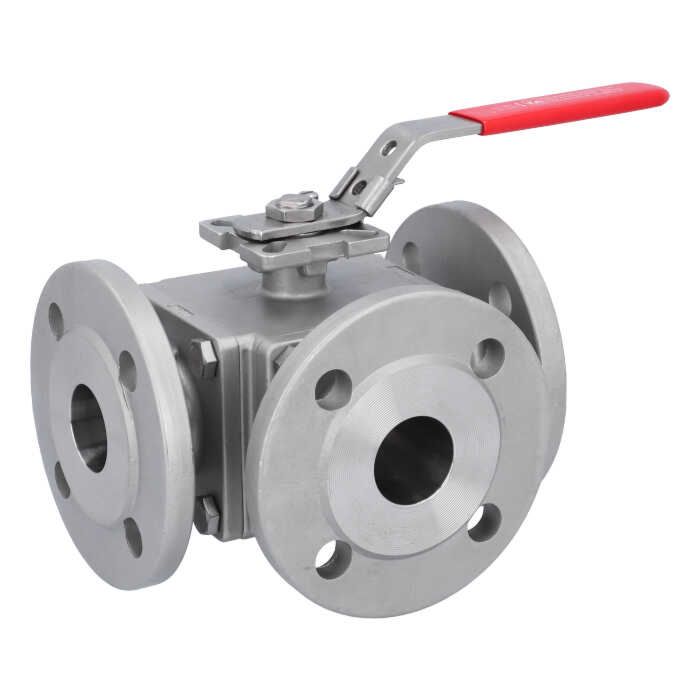 3-way ball valve DN40, PN16/40, L-bore, Stainless steel 1.4408/PTFE/FKM, ISO5211