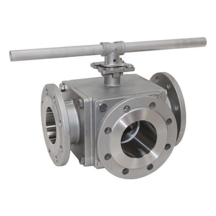 3-way ball valve DN100, PN16, L-bore, Stainless steel 1.4408/PTFE/FKM, ISO5211