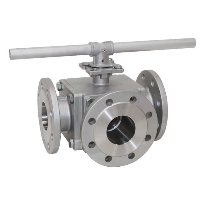 3-way ball valve DN80, PN16, T-bore, Stainless steel 1.4408/PTFE/FKM, ISO5211