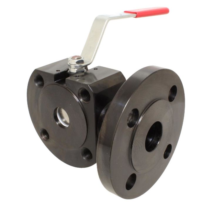 3-way compact ball valve DN15, PN16, L-bore, steel / PTFE / stainless steel