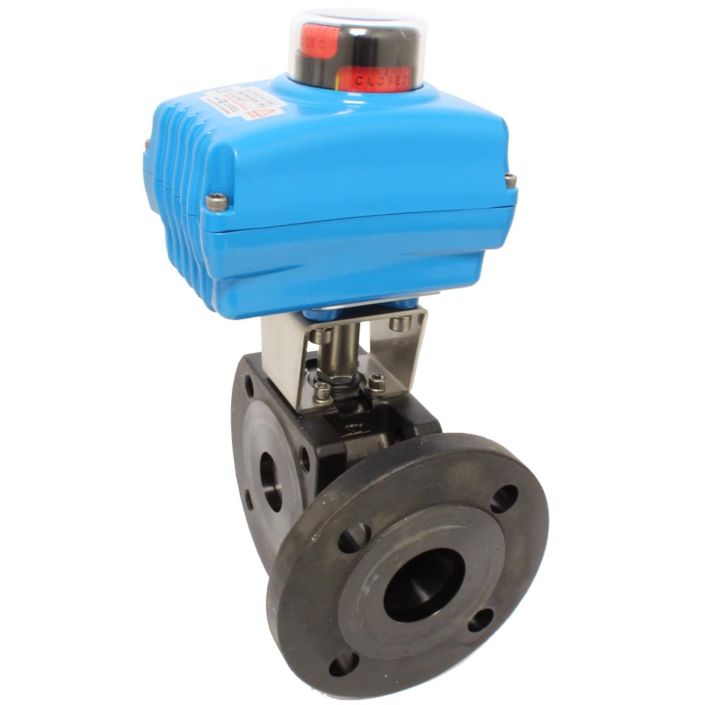 Ball valve VT, DN25, with drive-NE05, Steel / PTFE FKM, L-bore, 230V 50Hz, 14sek.