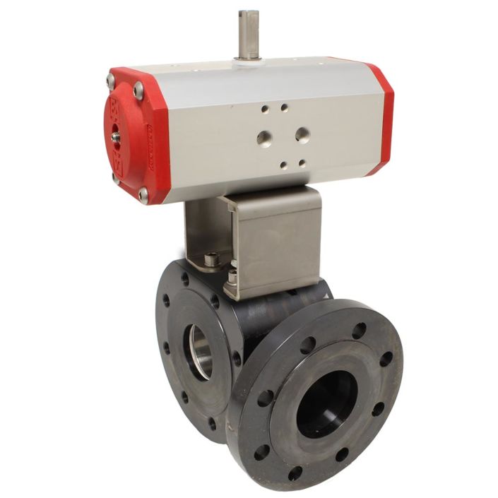 Ball valve-VT, DN32, with actuator ED, DW63, steel/PTFE-FKM, L-Bore, double-acting