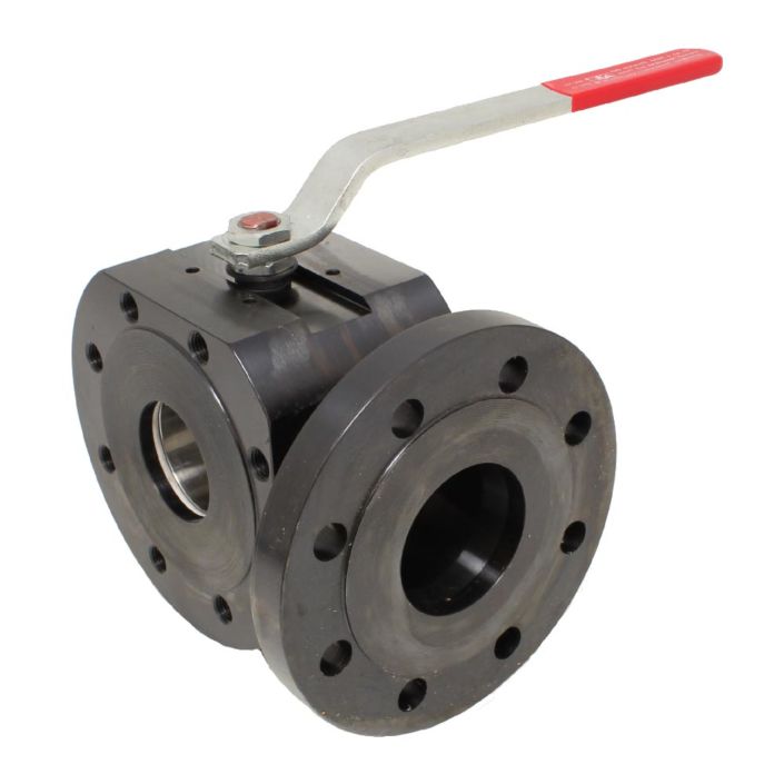 3-way compact ball valve DN100, PN16, L-bore, steel / PTFE / stainless steel