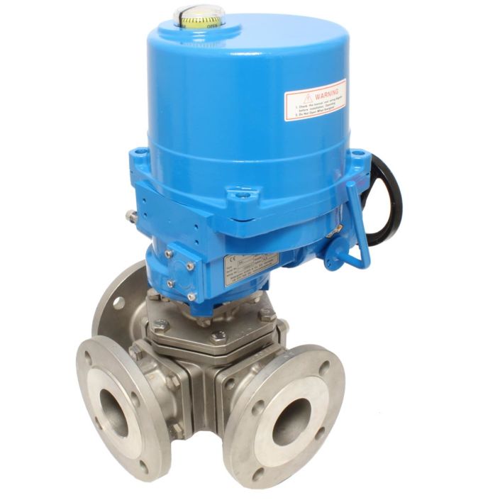 Ball valve ZD, DN40, with drive NE09, stainless steel/PTFE, L-bore, 24V DC, run-time 17s