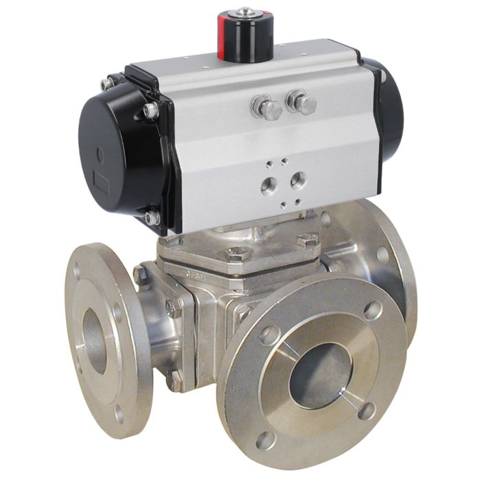 Ball valve ZD, DN125, with actuator OD, DA160, Stainless steel/PTFE-FKM, L-bore, double acting