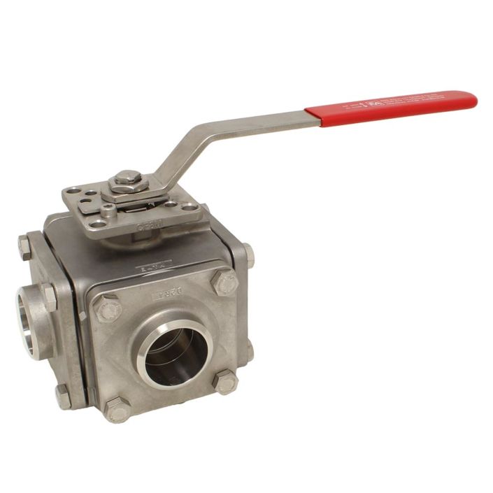 3-way ball valve DN25, PN40, L-bore, Stainless steel 1.4408 / PTFE / FKM, ISO5211, weld