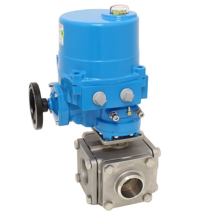 Ball valve ZD, DN40, with drive NE09, stainless steel/PTFE, L-bore, 230V 50Hz, run-time1