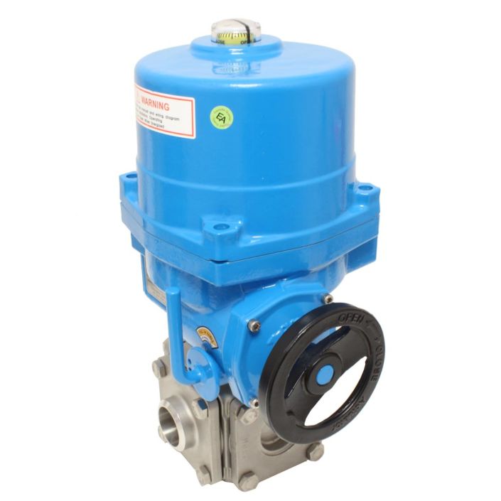 Ball valve ZD, DN50, with drive NE09, stainless steel/PTFE, L-bore, 24V DC, run-time17s