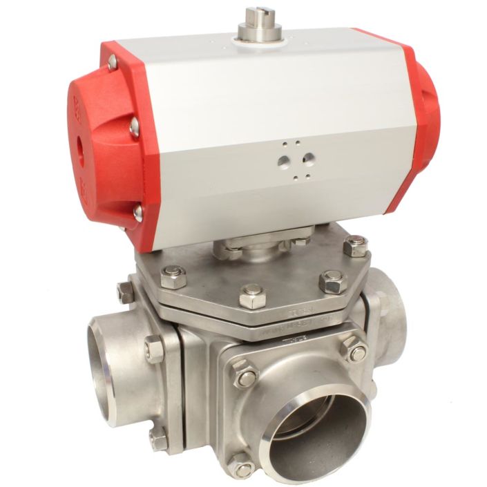 Ball valve ZD, DN40, with drive NE09, stainless steel/PTFE, T-port, 230V 50Hz, run-time1
