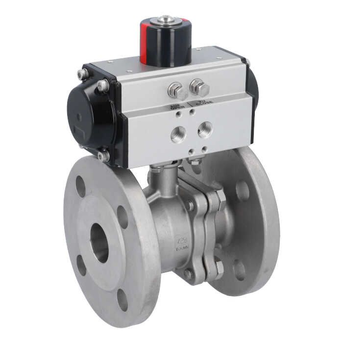 Ball valve ZP, DN32, with actuator-OD, DA65, Stainless steel 1.4408, PTFE-FKM, double acting